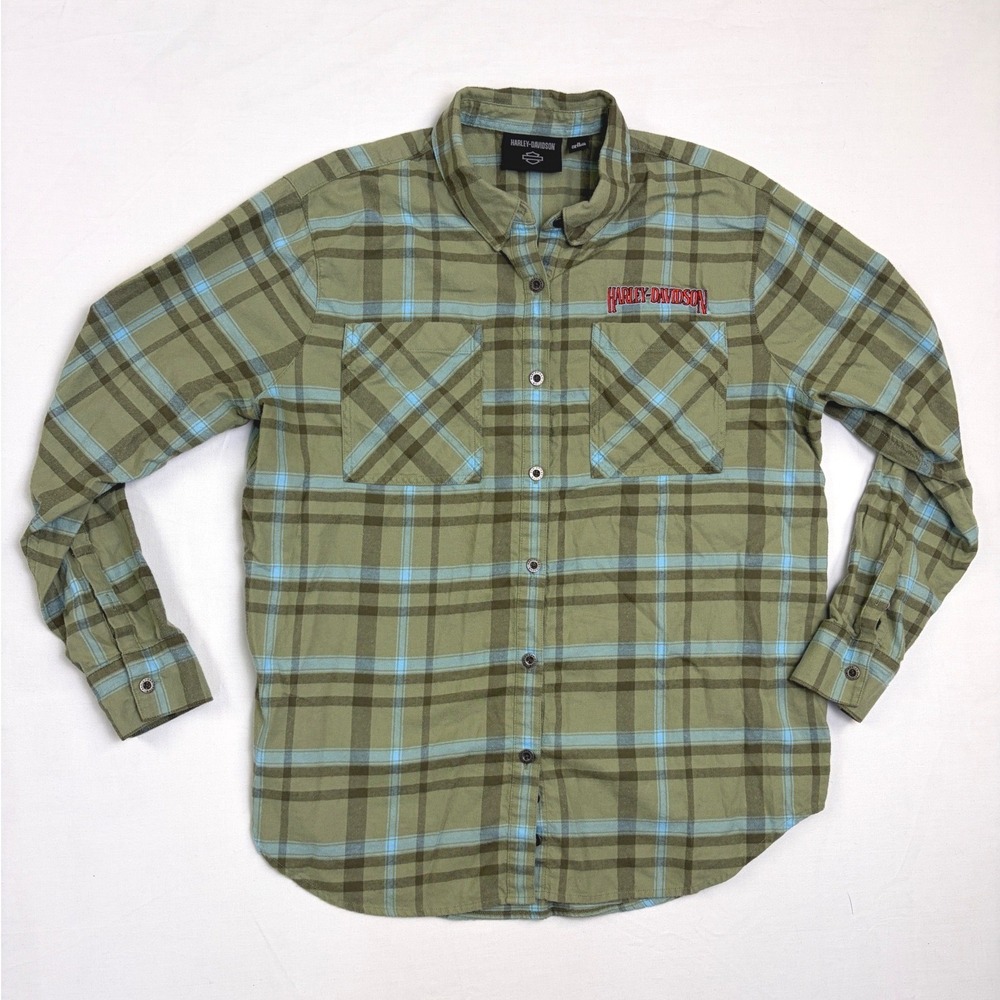 Harley-Davidson Mens Green Plaid Eagle Graphic Patch Flannel Shirt‎ Medium - Picture 2 of 8